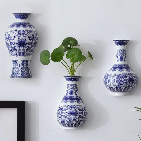 Blue Ceramic Wall vase, 13cm tall antique flower container, living room and home decoration