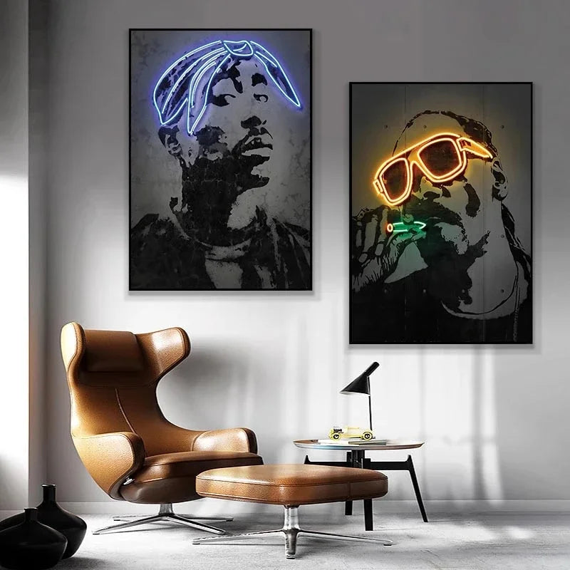 Canvas Print Art Poster Neon Design Rapper Hip Hop Singers Poster Wall Art Bar Home Decor