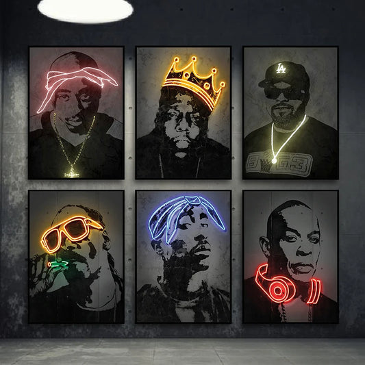 Canvas Print Art Poster Neon Design Rapper Hip Hop Singers Poster Wall Art Bar Home Decor